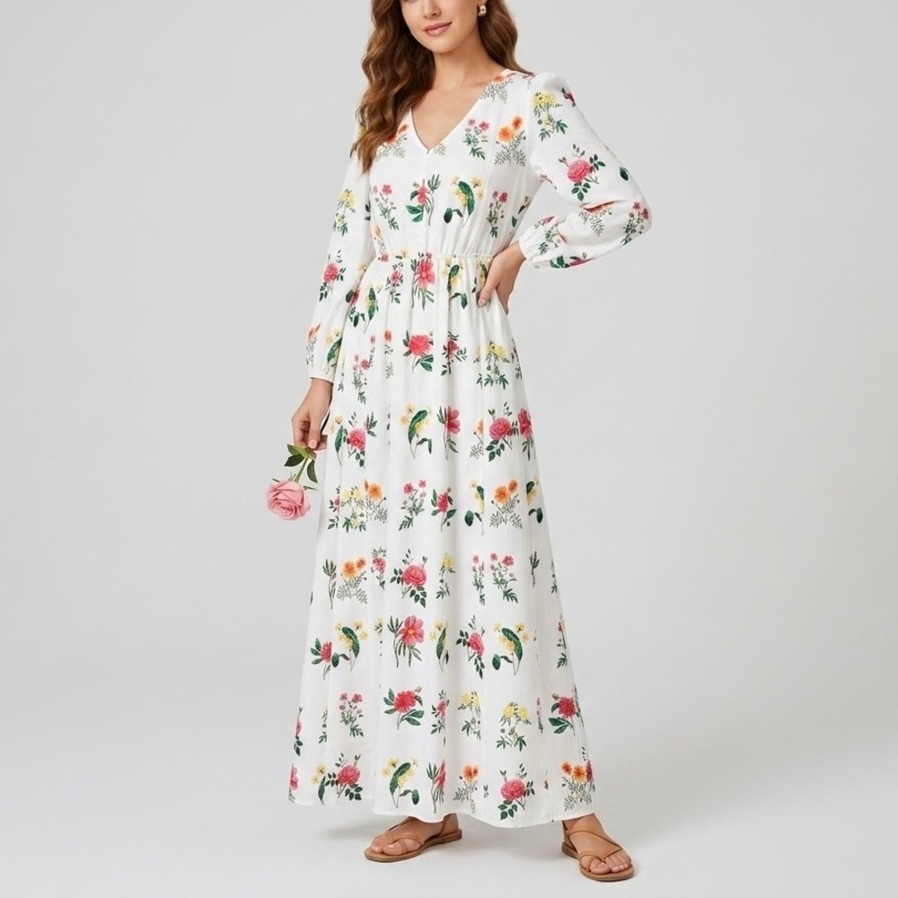 Gal Meets Glam Tabitha Floral Cotton Maxi Dress White Pink V-Neck Pockets Size 6